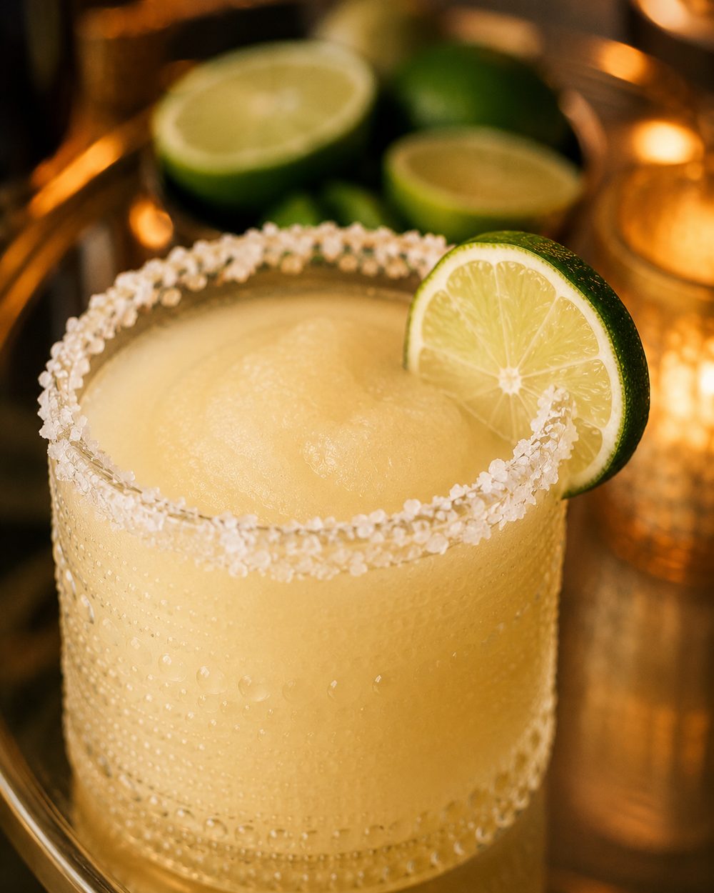 Salt-rimmed frozen classic lime margarita with lime garnish