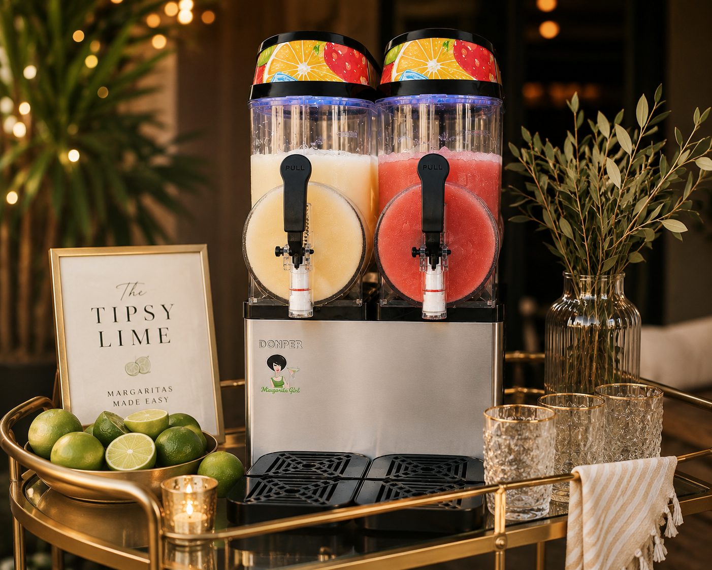 The Tipsy Lime dual-bowl frozen margarita machine styled on a gold bar cart with fresh limes