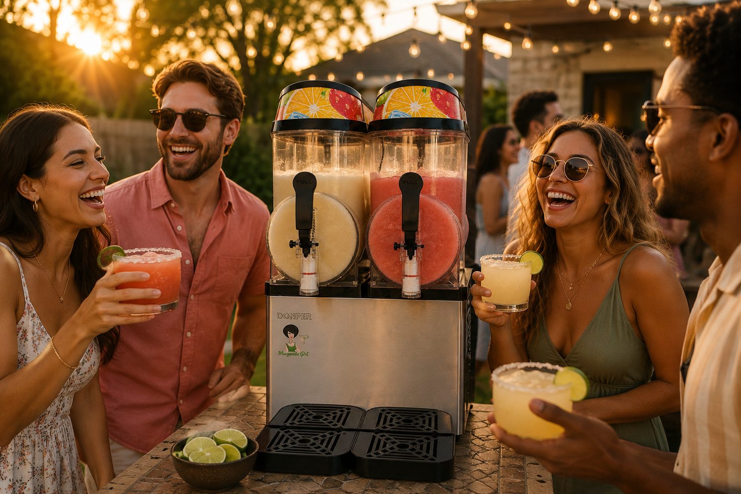 Friends enjoying frozen margaritas around The Tipsy Lime machine at a golden-hour backyard party in DFW