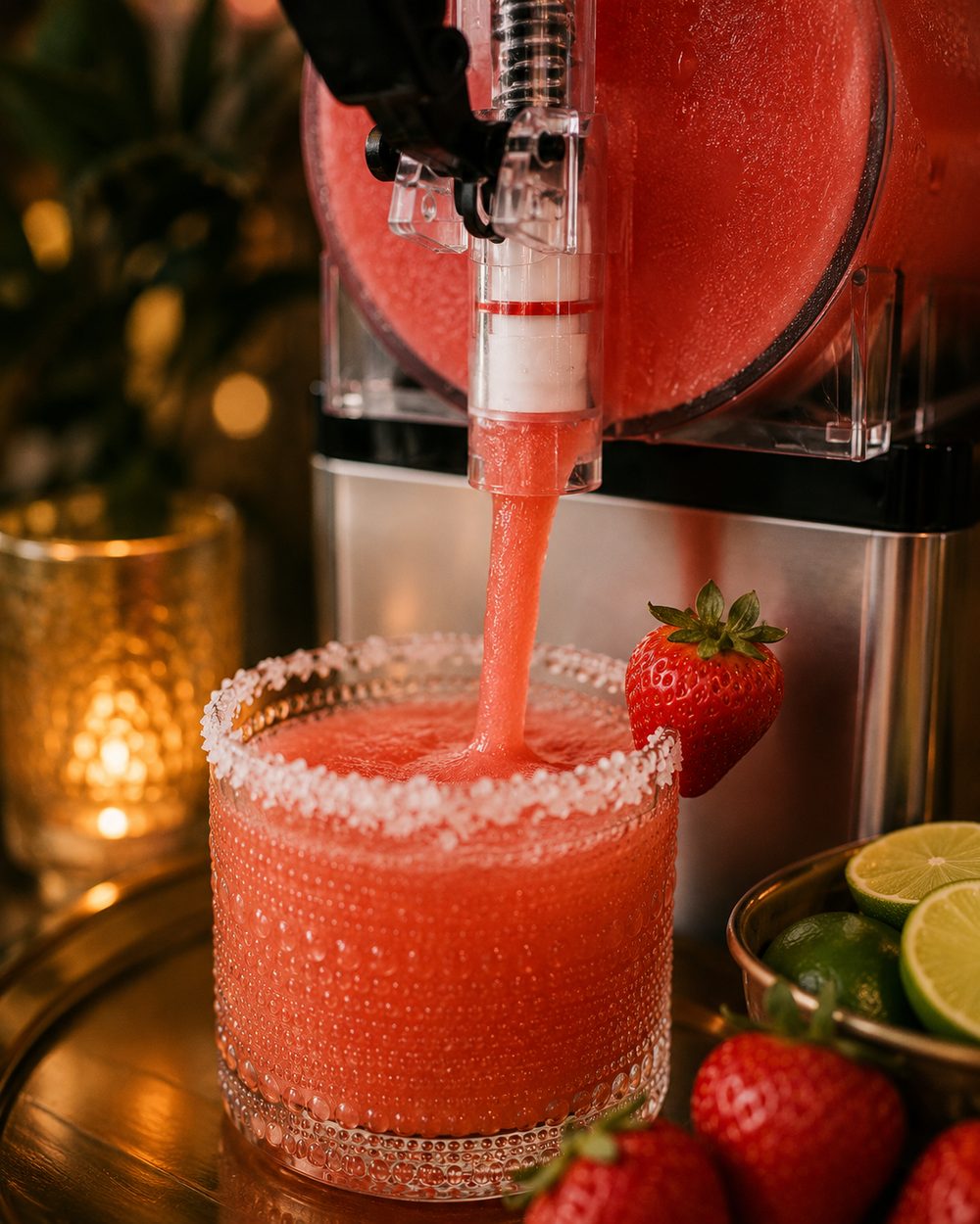 Frozen strawberry margarita pouring into a salt-rimmed glass