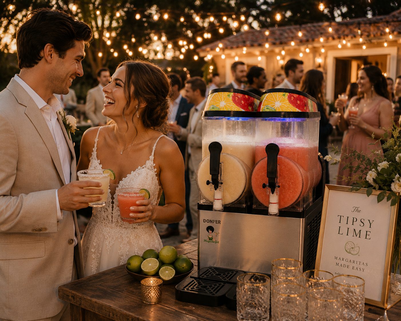 Bride and groom enjoying frozen margaritas at a DFW wedding reception with The Tipsy Lime